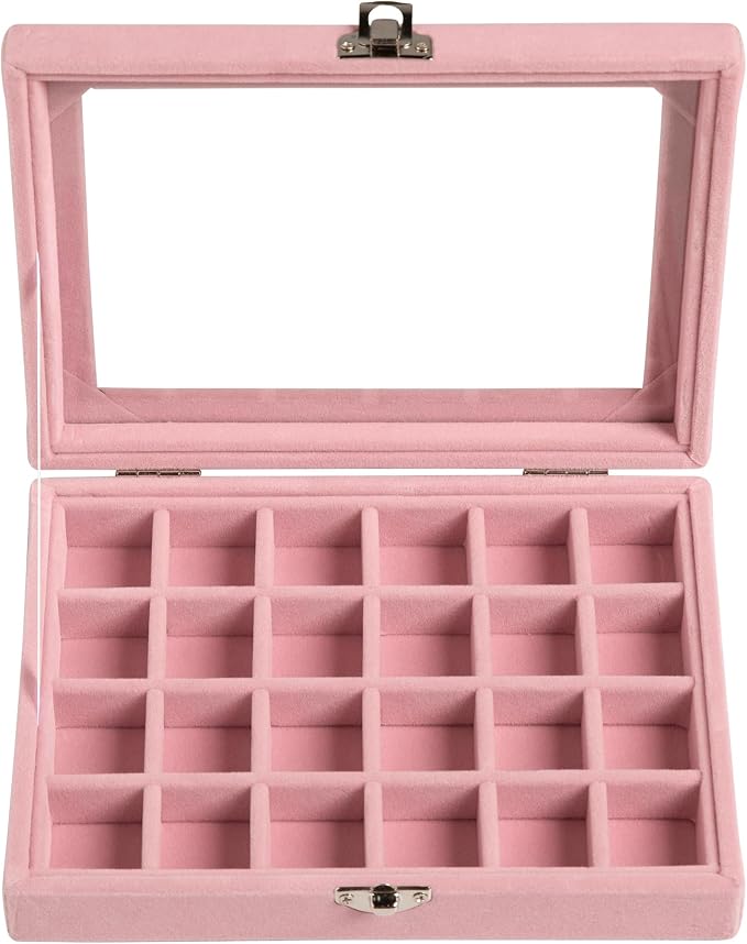 Frebeauty 24 Grid Earring Organizer,Small Velvet Jewelry Tray with Lid | Portable Jewelry Box for Rings Stud,Velvet Lining for Protecting Jewelry,Adjustable Dividers,Glass Lid for Clear Review