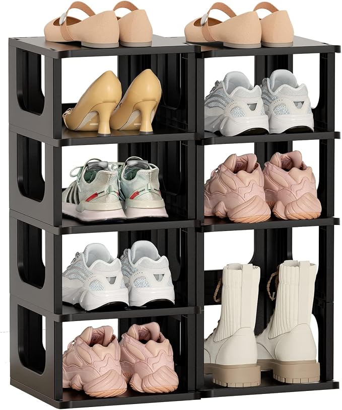 Stackable Small Shoe Rack for Closet 10 Tier - Remove Shelf for Boots | Easy tool-free assembly, sturdy stable structure, for small spaces, slim adjustable shoe rack saves space, modular design