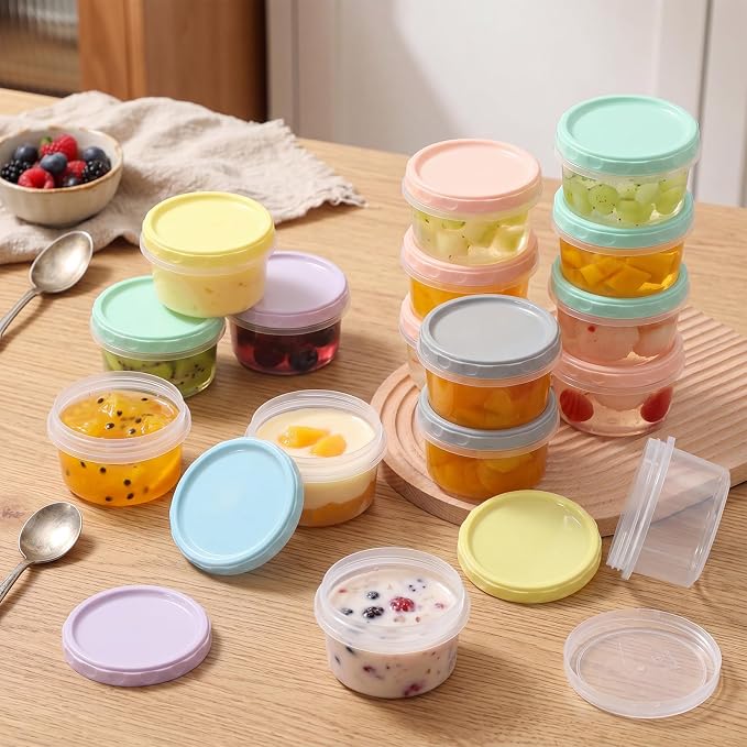 Sieral Pack 8 oz Freezer Containers with Lids Reusable Deli Freezer Storage Containers Stackable Plastic Thick Twist Top Jars for Takeout Food Round Wide Mouth Lunch Snack(Multicolor,36)