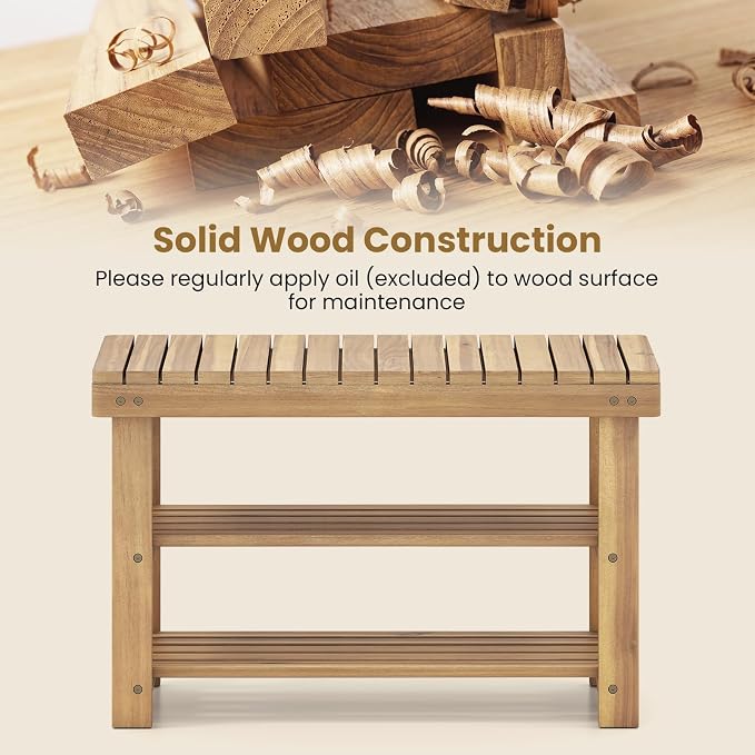 GOFLAME Wooden Shoe Rack Bench, 3-Tier Free Standing Entryway Bench Seat with Slatted Shelves, Shoe Storage Organizer for Entryway, Hallway, Bedroom, Living Room, Small Space, 28"x11"x18"