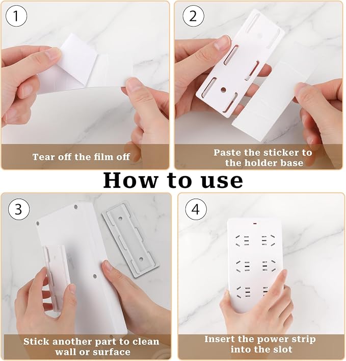 6 Pack Power Strip Holder Fixer, Self Adhesive Punch-Free Socket Mount, No Drill Wall Hanging Organizer Clips for Surge Protector, Desktop Cable Management (White)