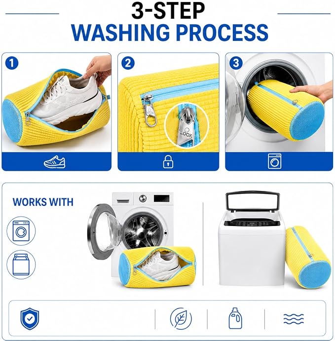 EPSCY Shoe Washing Machine Bags - Reusable Sneaker Laundry Shoe Bag with 360° Deep Clean Mesh - Self Locking Zipper, Noise Reduction Washing Bag Fits All Shoes Sizes and Types - Yellow, Pack of 2