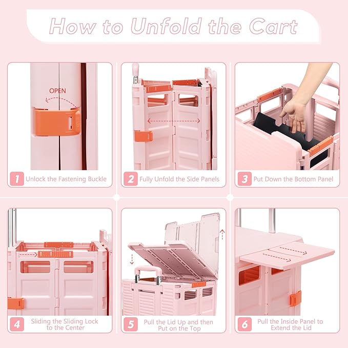 FELICON SELORSS Folding Utility Cart Rolling Crate Tote Basket Box Storage Handcart on 4 Swivel Wheels with Adjustable Handle Extended Magnetic Lid for Teacher Move Shop Travel Grocery Office(Pink)
