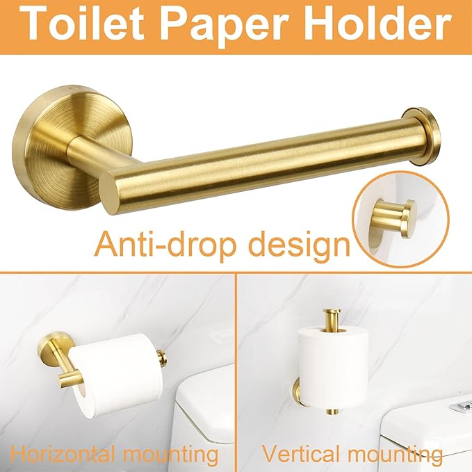 TocTen Bathroom Hardware Set, Thick Stainless Steel Bath Towel Bar Set Including Towel Rack for Bathroom+Toilet Paper Holder+3 Robe Towel Hooks Wall Mount Bathroom Accessory Set(16IN,Brushed Gold)