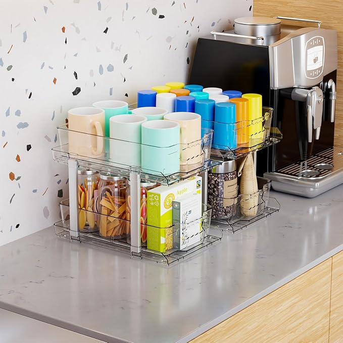 Yieach 2 Pack 2 Tier Under The Sink Organizer With Track,9.8 Inch Tall Bathroom Cabinet Organizer,Clear Under Sink Pull Out organizer for Kitchen,Vanity,Counter,Vanity,Medicine,Makeup,Hair Products