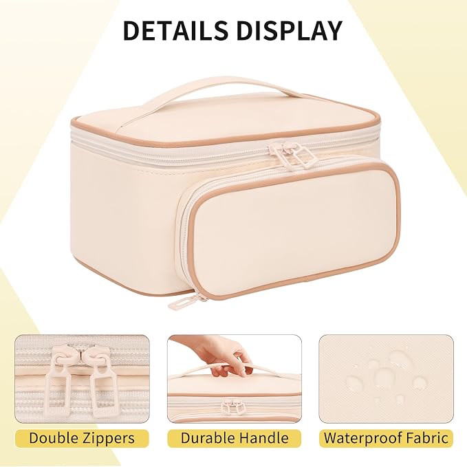 OCHEAL Makeup Bag, Multifunctional Large Cosmetic Organizer Toiletry Brushes Storage Case for Women Girls with Handle Divider - Beige