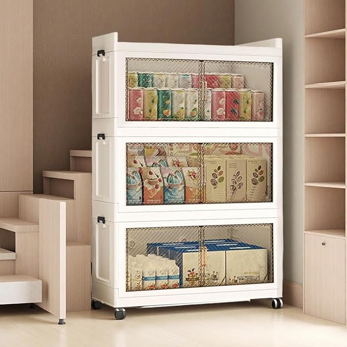 5900QT Stackable Storage Bins with Lid,147Gal Closet Organizers and Plastic Cabinets Shelves, Collapsible Drawers, Foldable Boxes with Wheels for Home Office, 3Pack (Clear Door, 39inch)
