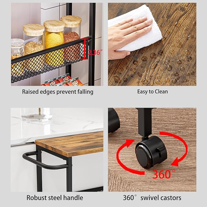 AZERPIAN Slim Rolling Cart 4 Tier Narrow Storage Cart on Wheels with Metal Handle for Kitchen Dining Living Home Laundry Room