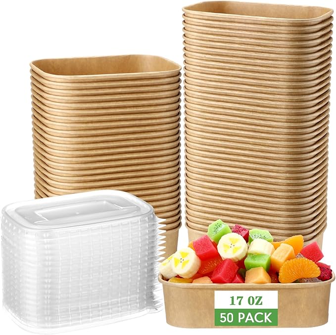 Maxdot 50 Pack 17 oz Disposable Food Containers with Lids Paper Food Containers Bowls for Meal Prep, Salad, Ice Cream, Yogurt, Soup Bowls Party Leftover Box