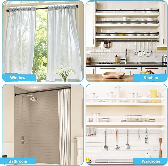 Tension Curtain Rod 30 To 49 Inch Black Tension Rods Adjustable Spring Loaded Curtain Rods 7/8" Curtains Rods No Drilling Tension Rods For Windows Bedroom Closet Doorway Door 2pcs