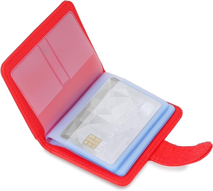 Wisdompro Slim PU Leather Credit Card Holder, Vertical Red | RFID Blocking Wallet Debit Card Protector, Organizer Case, Card Case, 20 Card & 7 Memory Card Slots, with Magnetic Closure