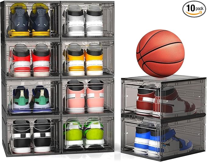 10 Pack Thickened Clear Stackable Shoe Organizer Storage Boxes with Magnetic Door, Sneaker Display Cases for Closet, Entryway & Under Bed Storage, Space Saving Shoe Storage Solution, Gray