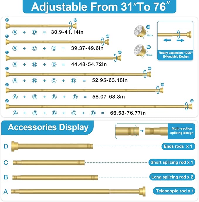 Tension Curtain Rod 31 to 75 Inch Gold Spring Tension Rods for Windows Adjustable Curtain Rod No Drilling Expandable Pressure Curtain Rod Shower Rods for Closets,Bathroom,Kitchen,Doorway