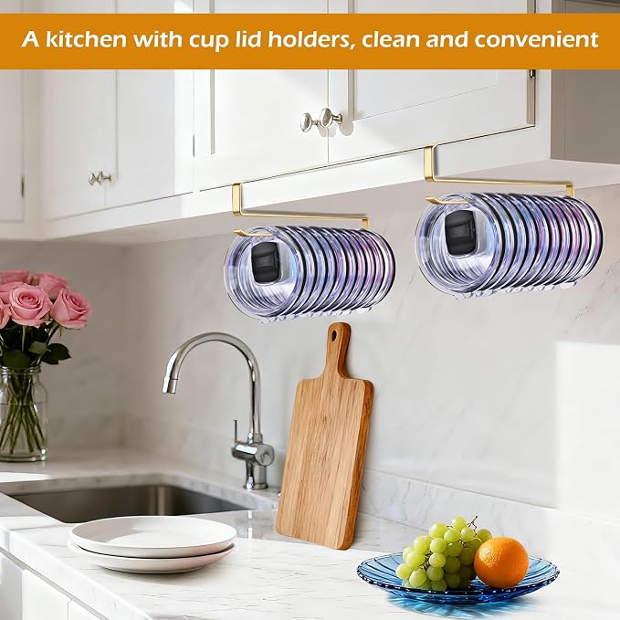 Tumbler Lid Organizer, Kitchen Space-Saving Cup Holder, Organizers for Under Cabinet Storage, No Glue or Drilling Required (Golden)