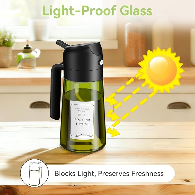 USLAI Oil Sprayer for Cooking, 16oz/470ml 2 in 1 Glass Olive Oil Dispenser Bottle for Kitchen, Air Fryer, BBQ and Salad - Black Green