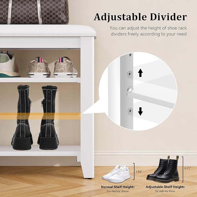 Taitiy Entryway Shoe Storage Bench, Shoe Organizer Bench for Entryway, Ideal for Hallways Front Doors Entrances Mudrooms Featuring Rubberwood and 3 Height-Adjustable & Removable Shelve