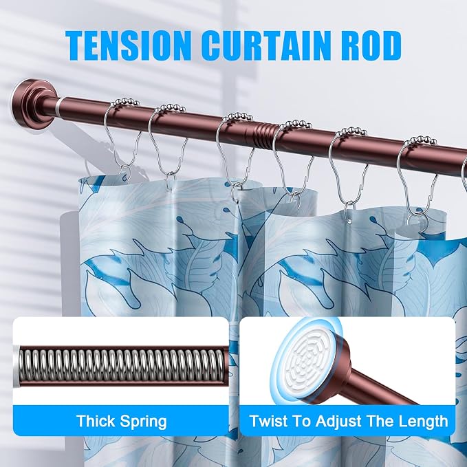 TEECK Shower Curtain Rod, 32-43 inch Adjustable Spring Tension Curtain Rod, Never Rust Anti-Slip Shower Curtain Rod for Bathroom, No Drilling, Never Collapse, Easy to Use, Brown