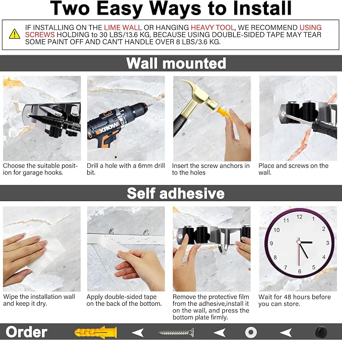 Self Adhesive SUS304 Broom Holder Wall Mount | 5 Racks and 4 Hooks Mop Organizer Heavy Duty Solid Non-slip Storage Tool for Home Kitchen Garden Laundry Garage
