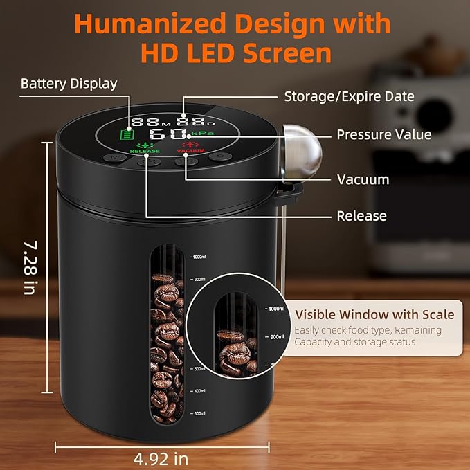 Automatic Vacuum Coffee Canister, 1.3L Coffee Container with LED Display | Smart Pressure Sensor,Window,Scoop Rechargeable Airtight Electric Coffee Bean Storage for Home Kitchen Ground Food Storage