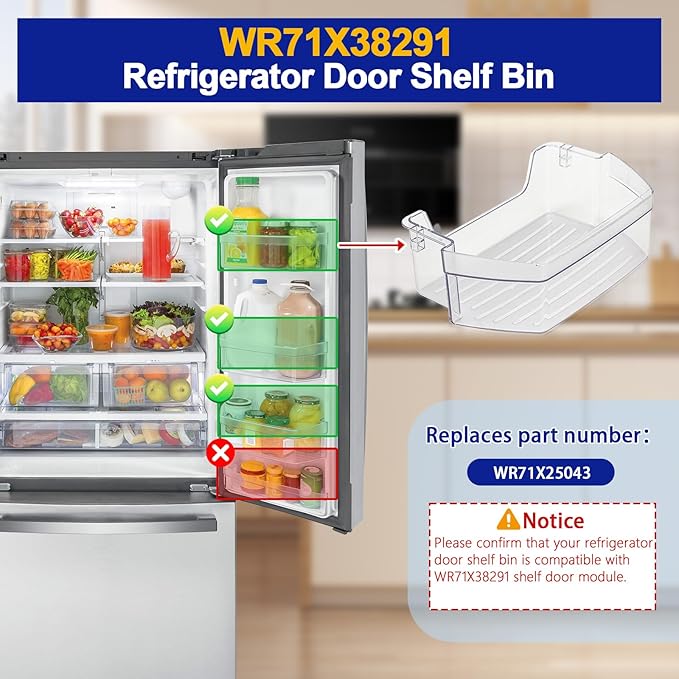 WR71X38291 Refrigerator Door Shelf Bin Compatible with GE GFE24JSKGFSS GYE18JSLKFSS GWE19JSLGFSS, WR71X38291 Refrigerator Shelf Door Module Replace WR71X25043 AP7186348