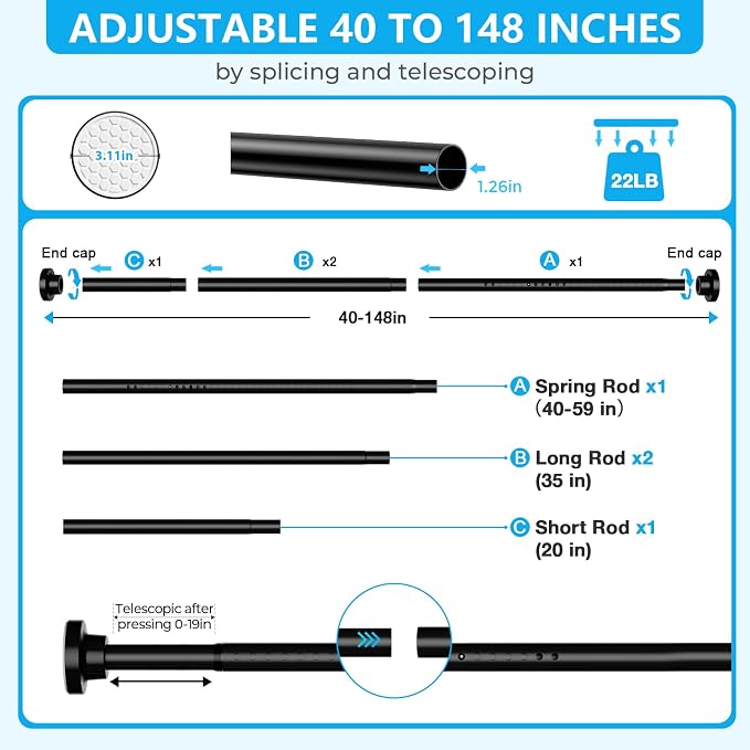 MEXAU Black Shower Curtain Rod 40-148 Inch Adjustable 1.26 Inch Diameter Tension Curtain Rod No Drill, Tension Rod for Window, Bedroom, Bathroom, Outdoor, Room Divider