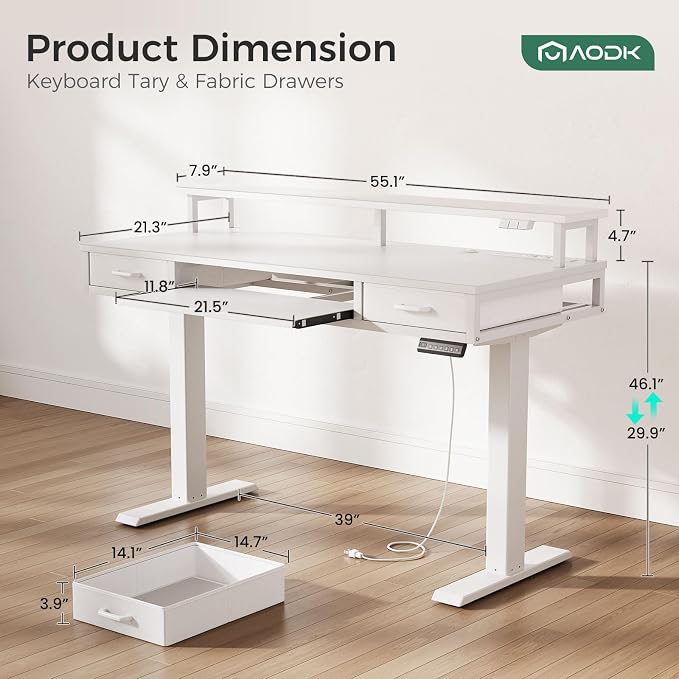 AODK 55 Inch Electric Standing Desk with Drawers & Keyboard Tray, White | 3 Outlets & 2 USB Ports, 20-Mode LED Lights, Monitor Stand, Cable Management Tray, 3 Memory Heights, 29.9"-46.1" in Range