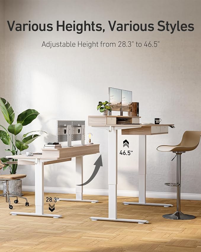 CubiCubi 55" x 30" Standing Desk with Drawers, Height Adjustable Electric Workstation, Computer Sit Stand Up Table with Large Storage Shelf 4 Drawers and 2 Hooks, Light Rustic Brown