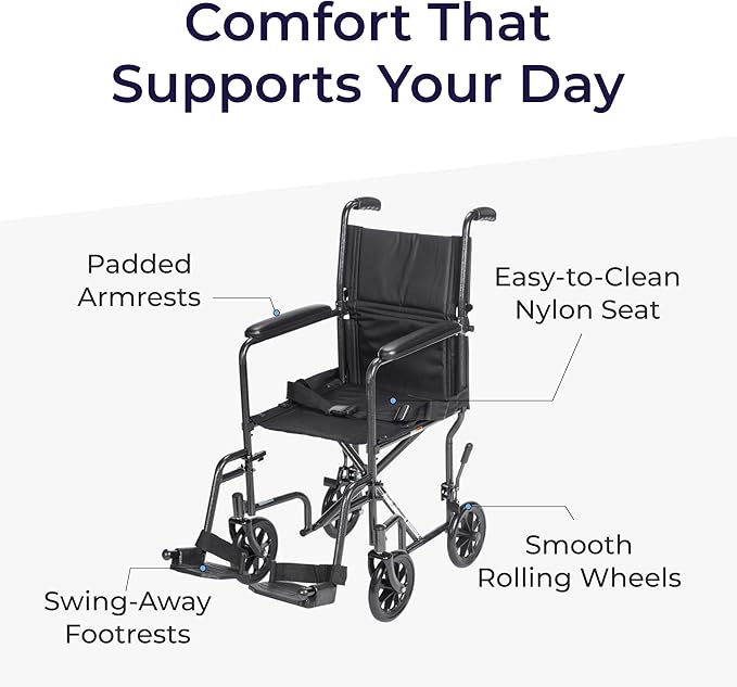 Drive Medical Lightweight Folding Transport Wheelchair - Reliable Mobility Support - Durable Steel Frame - Swing-Away Footrests - Compact Travel Design - Silver