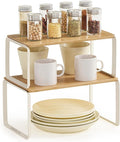 SONGMICS HOME Cabinet Organizer Shelf, Set of 2 Kitchen Counter Shelves, Kitchen Storage, Spice Rack, Stackable, Expandable, Metal and Bamboo, Light Bamboo UKCS050N01