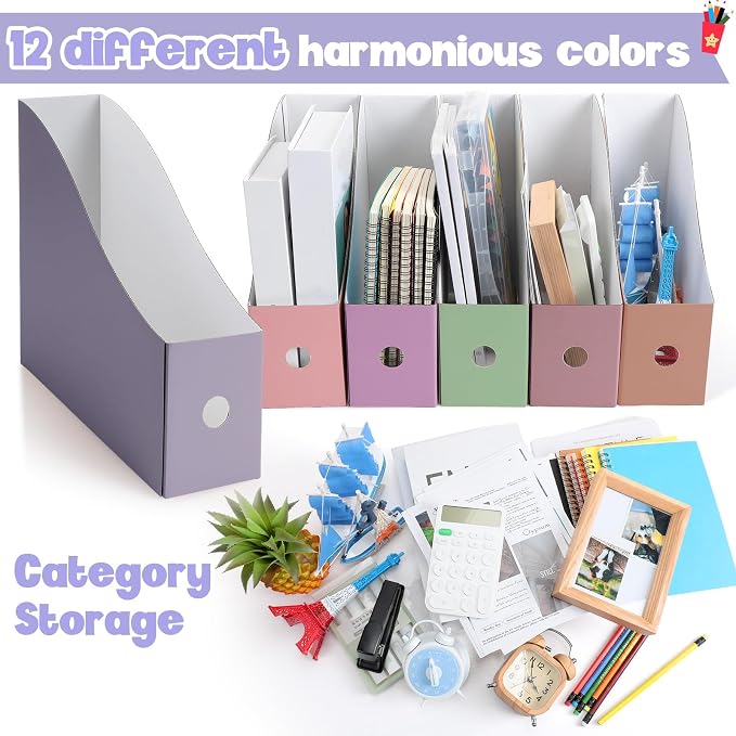 Colarr 24 Pcs Cardboard Magazine Holders 12 Colors Magazine Storage Box with Label Stickers Magazine File Holder Folder Book Holder for Desk Desktop Document Holder for School (Vivid Color)
