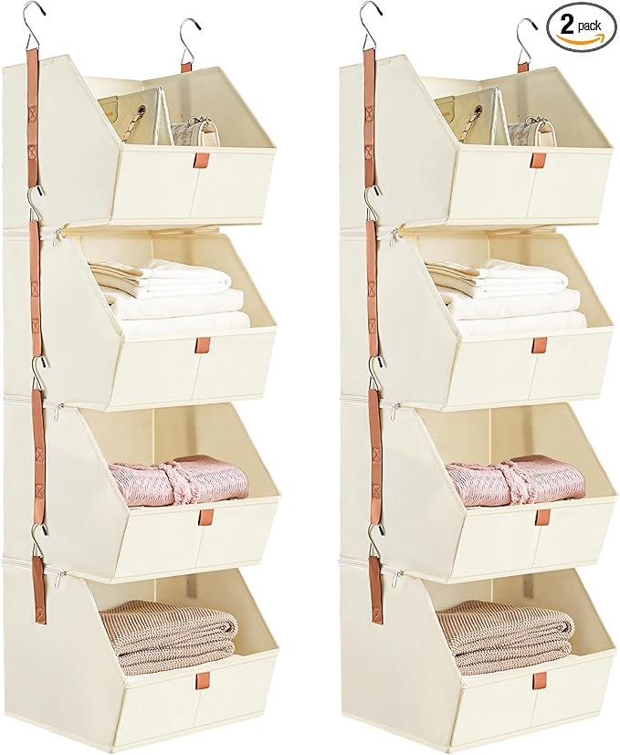 4 Tier Hanging Closet Organizer,Disassemblable Clothes Hanging Shelves,Fabric Closet Organizer System for Space-Saving,Foldable Storage Basket for Bedroom, Rv (2 Pack,Beige)