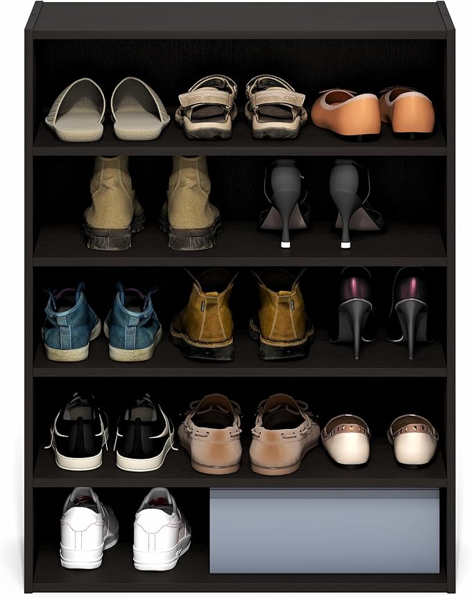 Furinno FANO 5-Tier Shoe Rack, Stackable Shoe Organizer, Dark Oak | 11.4 x 24.2 x 31.5, Shoes Storage, for Closet Entryway, Office, Garage