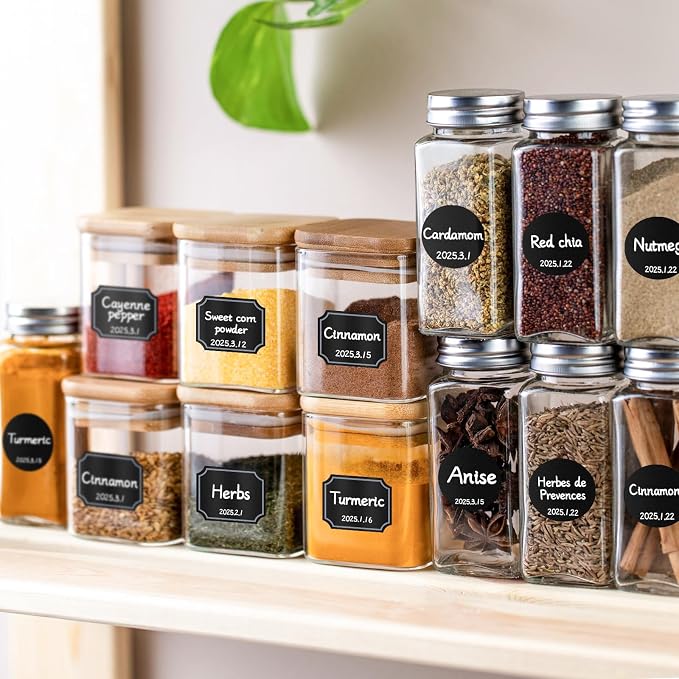 Segarty Spice Jars Labels, 272 Pcs Assorted Square Round Black Chalkboard Label Sticker with 1 Chalk Marker, Removable Blank Stickers to Write-on for Food Containers, Mason, Bottles, Storage Bin