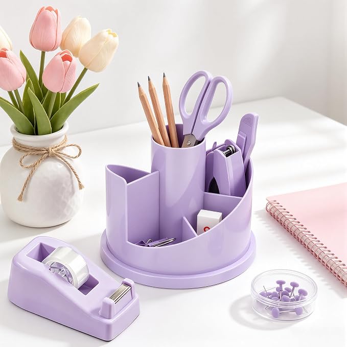 deli Office Supplies Set, Purple Desk Accessory Organizer Kit, Stapler Set, Rotating Multi-Functional Pen Holder, Tape Dispenser, Pens, Binder Clips, Sharpener, Scissor, Eraser, Purple Office Supplies