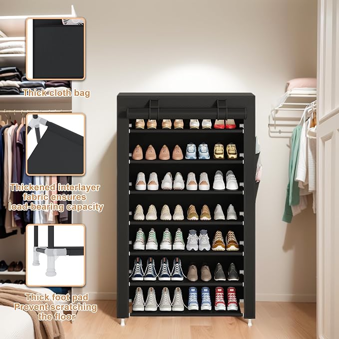 Laiensia 7-Tier Vertical Shoe Rack Organizer, Space Saving Shoe Storage Organizer, Non-Woven Cover Shoe Shelf Holds 28-35Pairs for Bedroom, Hallway, Closet Entryway, Black
