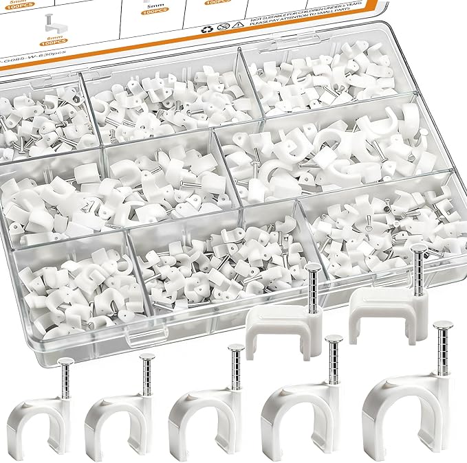 mankk 630PCS Steel Nail Cable Clips 4/5/6/8/10mm Round & 5/6mm Square | cable tacks for CAT6 RJ45 RG6 RG59 ethernet coax cords, white wall mounting clips