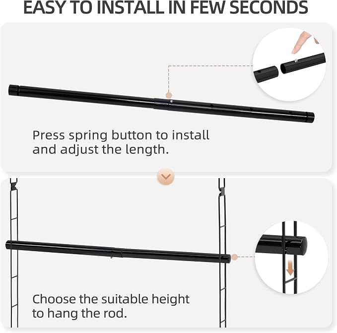 STORAGE MANIAC Hanging Closet Rod, Adjustable Width and Height Closet Hanging Organizer, Space-Saving Clothes Hanging Bar, Closet Extender Hanging Rod Double Closet Hanging Rod, 2 Pack Black