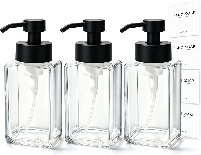 Foaming Soap Dispenser, 12oz/350ml Glass Foaming Hand Soap Dispenser Set, 3Pcs Refillable Foam Soap Dispenser With Foaming Pump, Labels, Square Foam Soap Hand Dispenser For Bathroom, Kitchen