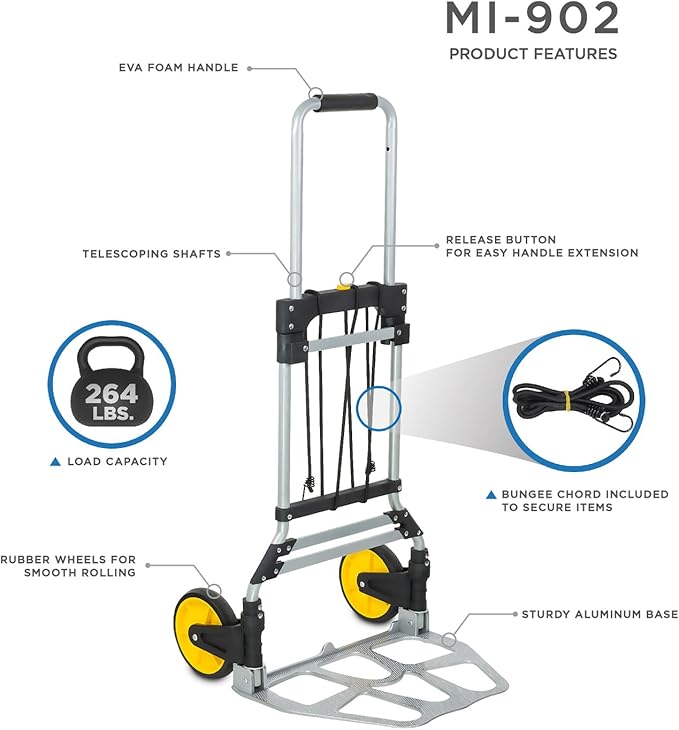 Mount-It! Folding Hand Truck and Personal Dolly, Aluminum Trolley, Heavy Duty 264 Lb Capacity Cart, Dolly Cart with Wheels of Durable Rubber, Soft Grip Telescoping Handle for Indoor Outdoor, Foldable