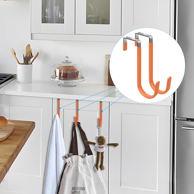 FYY Over the Door Hooks, Single-Hanger 4 Pack, Fits Doors 1 3/8" Orange | Heavy Duty Metal, Hold 20lbs, Rubber-Coated, No-Drilling, for Bathroom Dorm, Hanging Towels Clothes Hats Bags Coats Wreaths