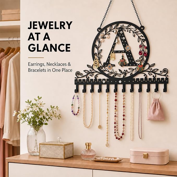 Personalized Wall Mounted Metal Initial Letter A Earring Holder Jewelry Organizer for Earrings and Necklaces Space Saving Wall Display with Hooks Jewelry Storage Bedroom Vanity Gift for Women