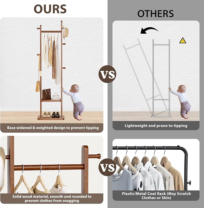 Taitiy Solid Wood Coat Rack, Freestanding Clothing Rack with 2 Shelves Storage & 5 Hooks, Heavy Duty Clothes Rack Stand for Hall, Bedroom, Living Room