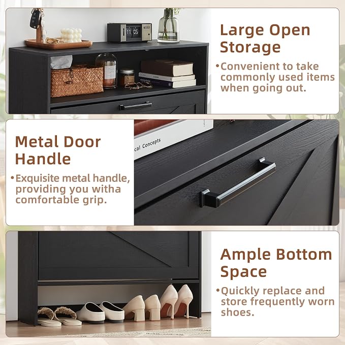RWYHG Shoe Cabinet Storage for Entryway with 2 Flip Drawers Open Storage Layer Rack Narrow Organizer Slim Hidden Wood Shoe Cabinet Furniture Black