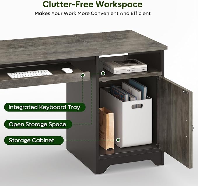 Bestier 47-Inch Office Desk with Storage Cabinet & Keyboard Tray, Grey | 47 Inch Desktop, Right Storage Cabinet, Sliding Keyboard Tray And X-Frame Support Create A Small-Space Home Office Desk.
