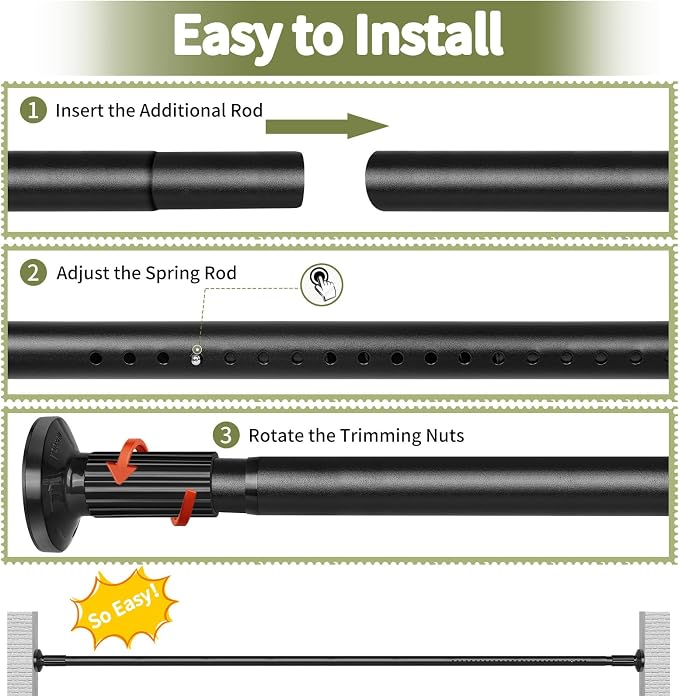 Tension Shower Curtain Rod 51-86In(4.25-7.16Ft), Tension Shower Rod No Drilling for Bathroom or Window Closet, Adjustable Spring Shower Rod, Easy to Install Never Rust, Rod Diameter 1.26Inch-Black