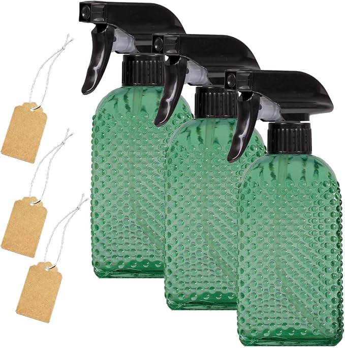 Plant Mister Glass Spray Bottle - 3 Pack 13oz Reusable Green with Adjustable Nozzle for Indoor Plants, Gardening, Cleaning, Hair Care & Household Use