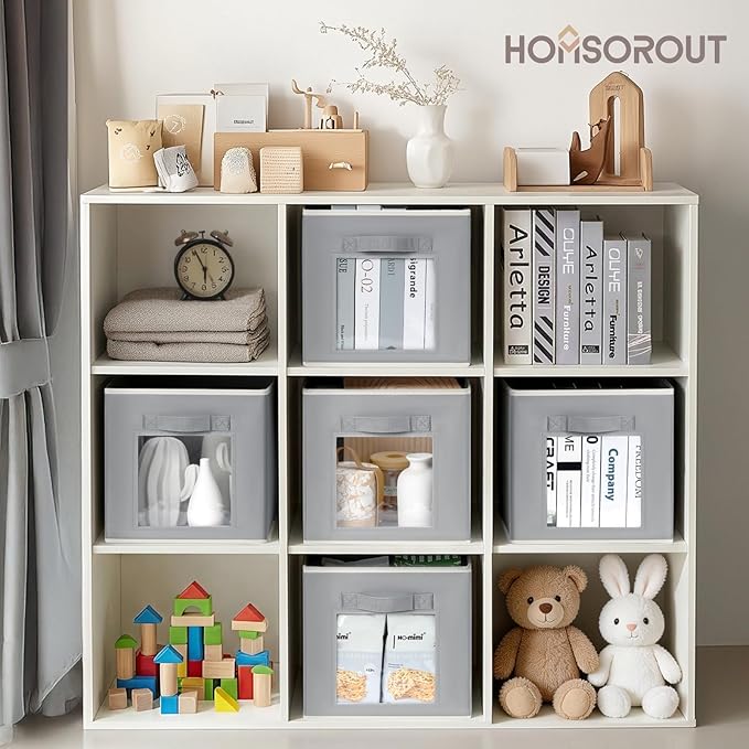 Homsorout Foldable Storage Cubes - Cubby Storage Organizer with Window, 11 Inch Baskets for Organizing, Collapsible Fabric Storage Cubes for Shelves, Closet, 10 Pack, Grey