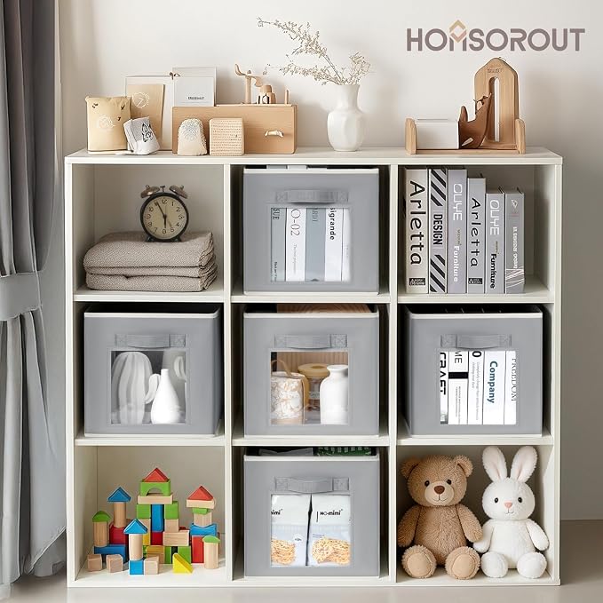 Homsorout Bins for Closet Organization - Cubby Storage Organizer with Window, Closet Baskets for Shelves, Folding Cubes for Storage, Storage Bins for Home, 11inch, Set of 8, Grey