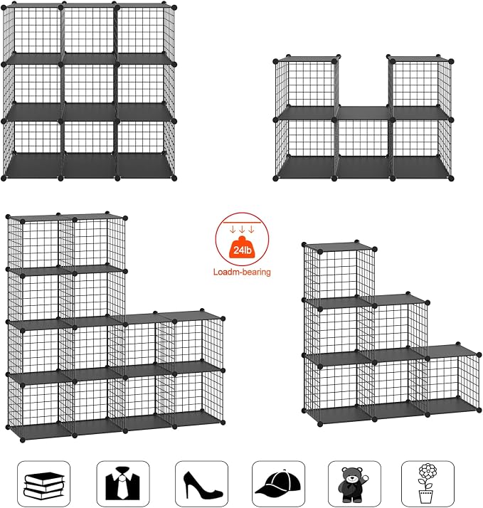 HUBSON Wire Cube Storage Organizer, Book/Toy/Craft/Potted Plants and petCloset Organizers and Storage Shelves?6-Cube Freely Combinable Metal Grids Storage Shelf,Black Plus Iron