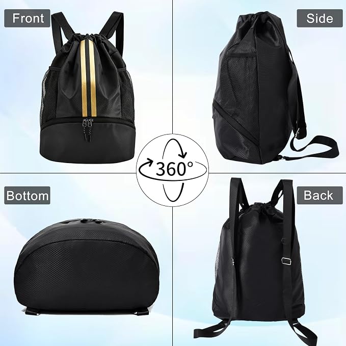 Black Gold Sports Drawstring Backpack with Shoes Compartment, String Gym Bag with Wet Proof Pocket for Basketball, Soccer, Swim, Sport Bag for Men and Women